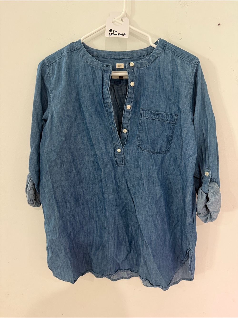 LOFT Blue Denim Button-Front Casual Shirt